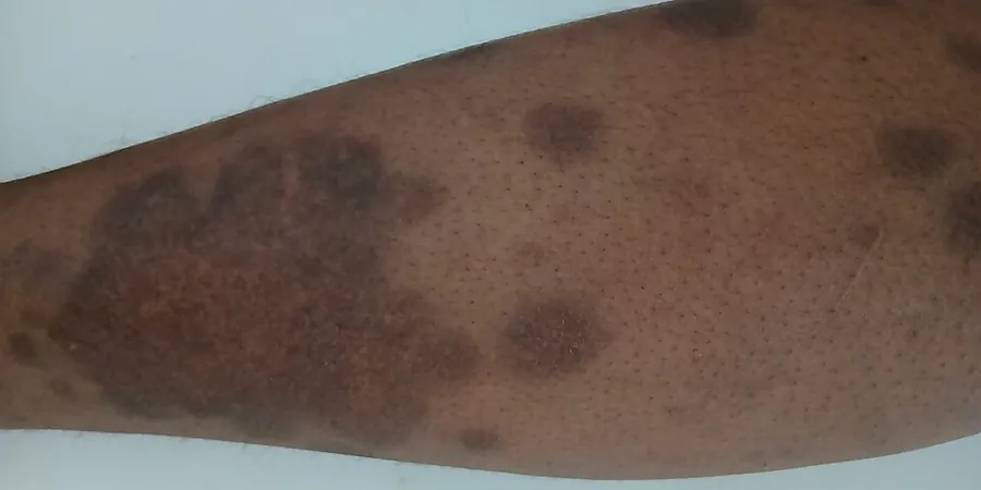 لويحات صدفية بلون بني داكن على ساق بشرة داكنة